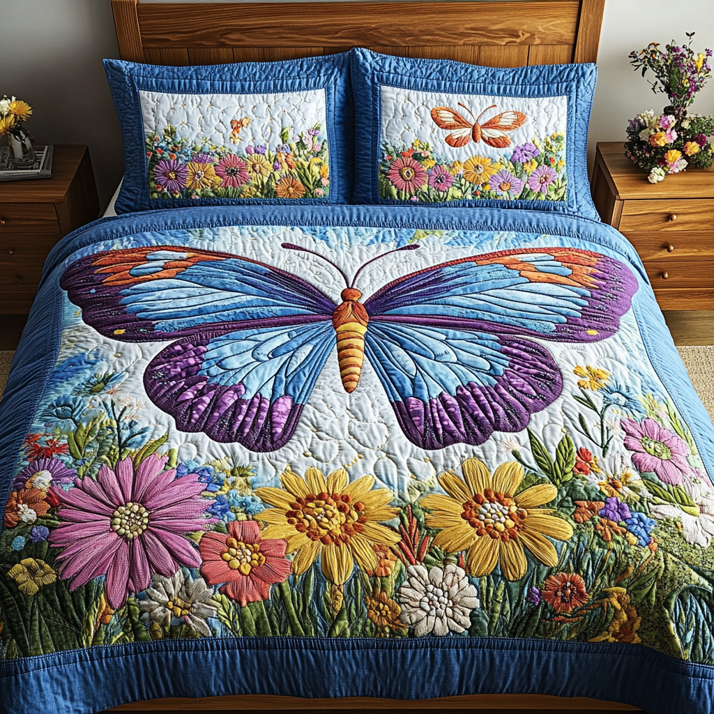 Blossom Wings Quilted Bedding Set Cute Room Decor Presents For Butterfly Lovers Women