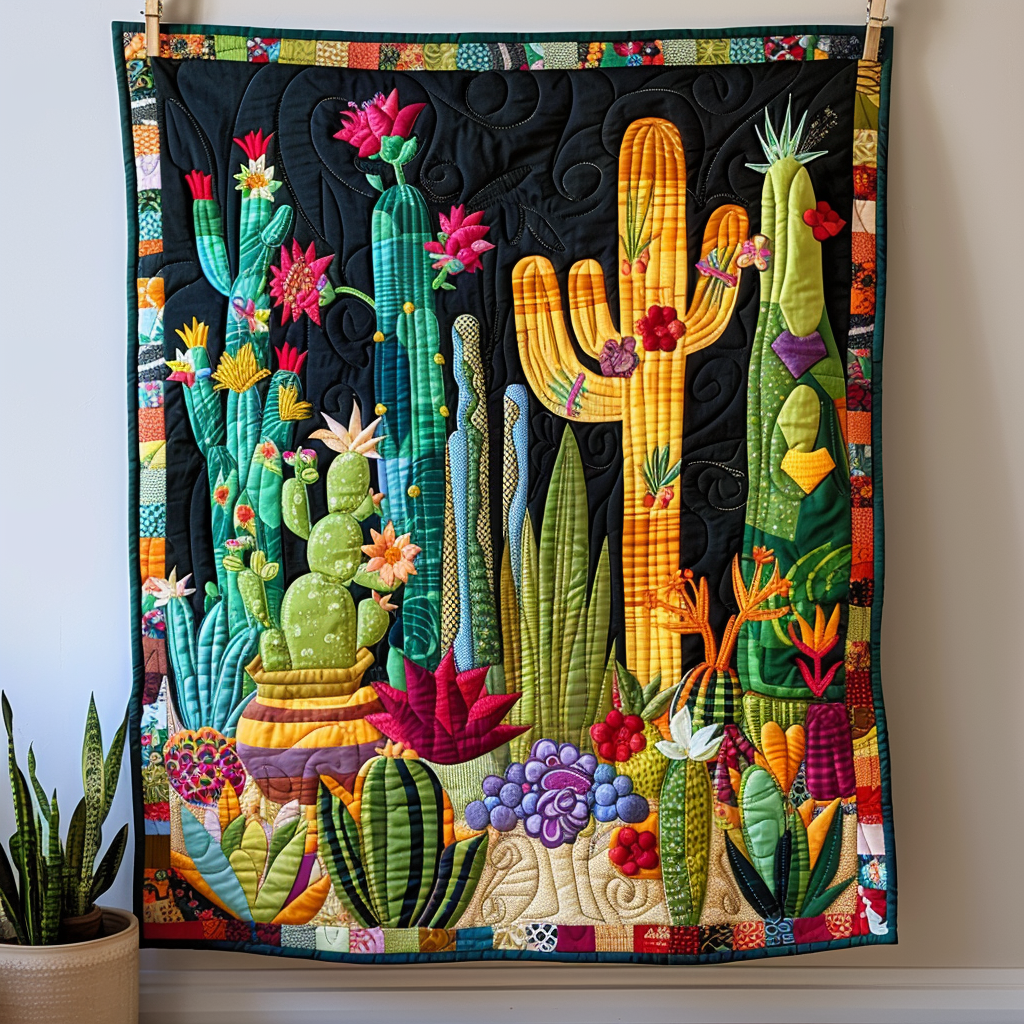 Blossoming Cactus Elegance Quilted Blanket Cute Blankets For Bed