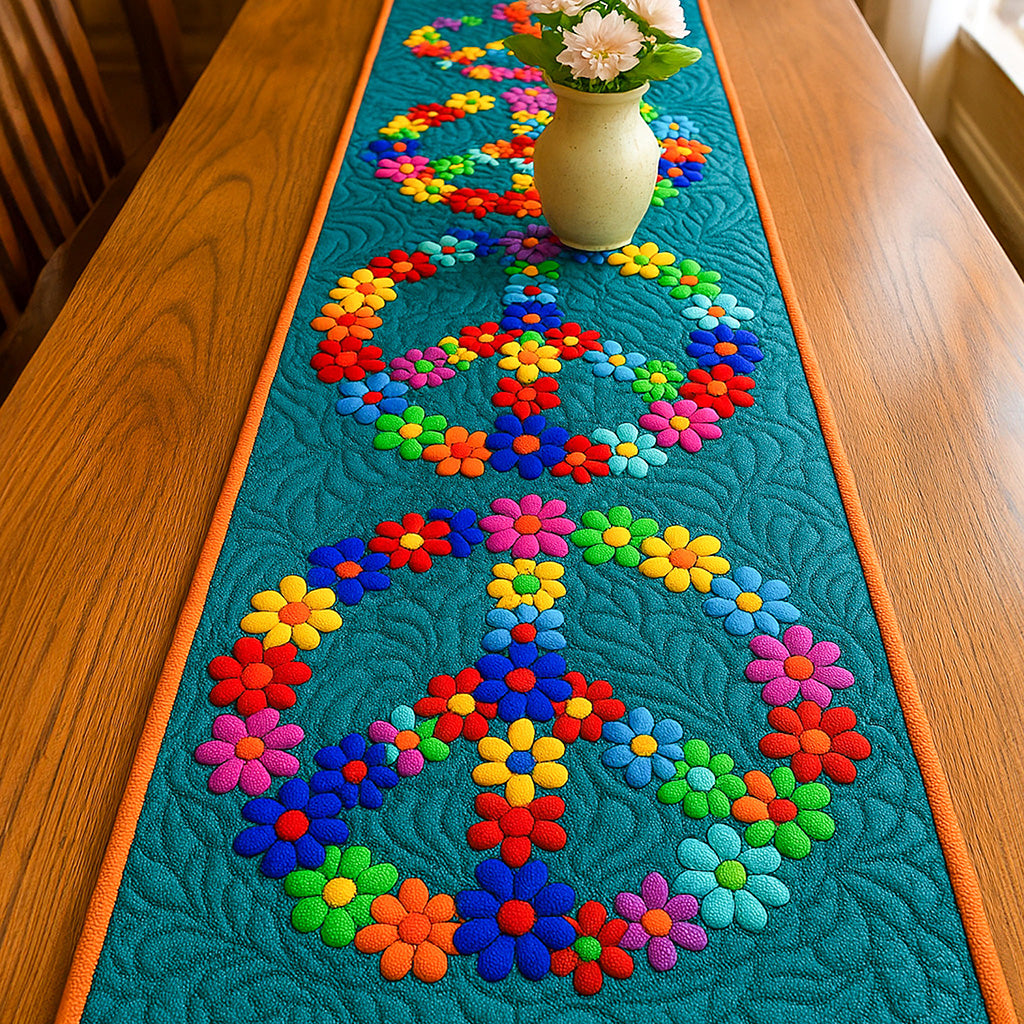 Blossoming Peace Quilted Table Runner Dining Table Decor Hippie Gift Ideas