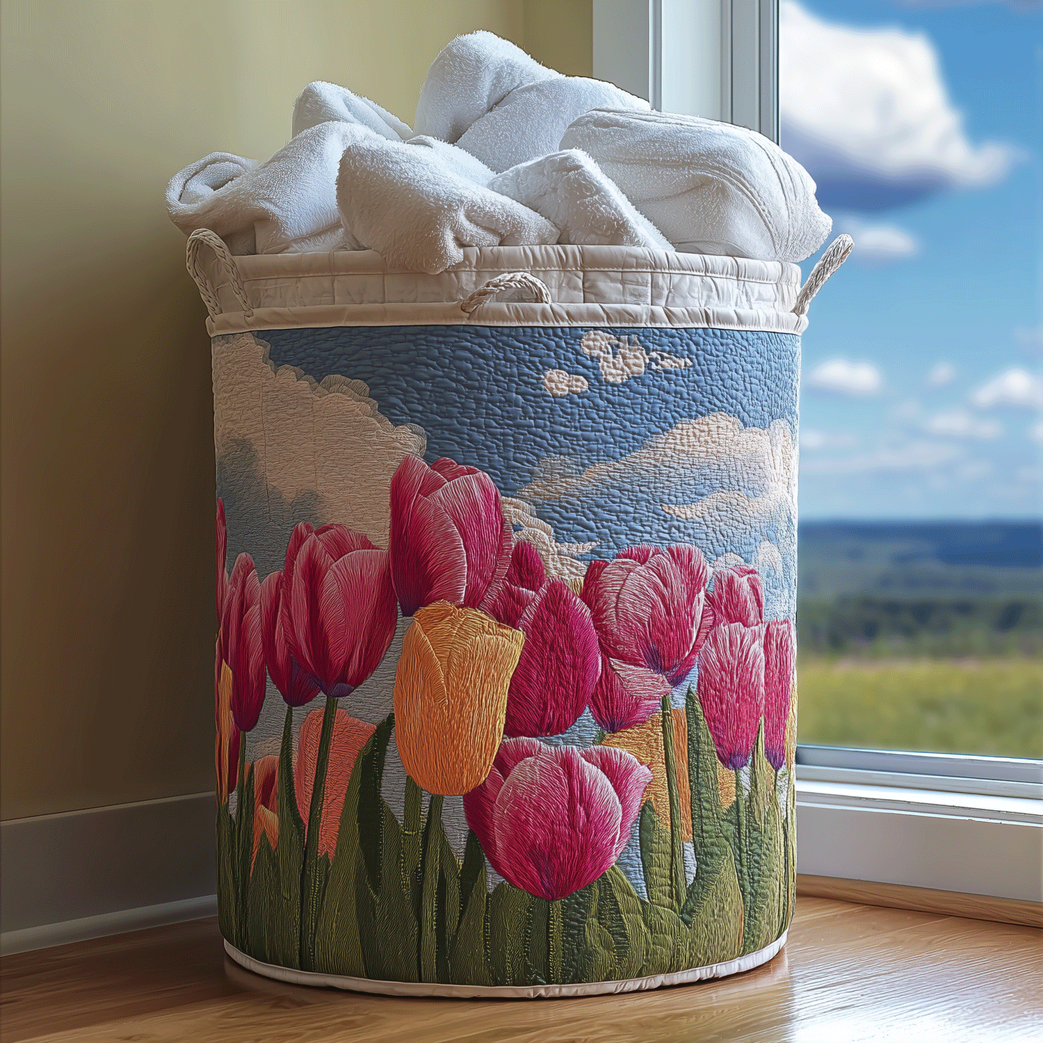 Blossoming Tulip Quilted Laundry Basket Summer Merch Vibes