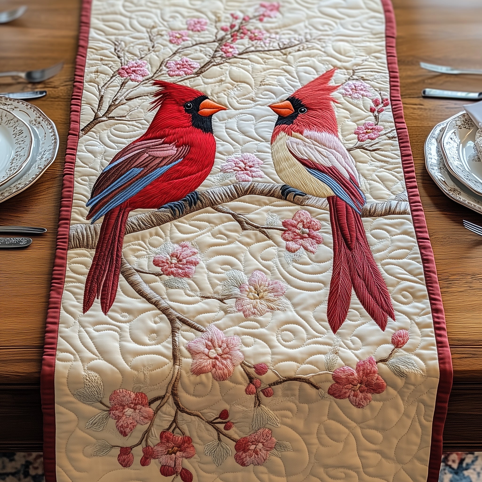 Blossoms And Cardinals Quilted Table Runner Christmas Table Runner for Family Meals