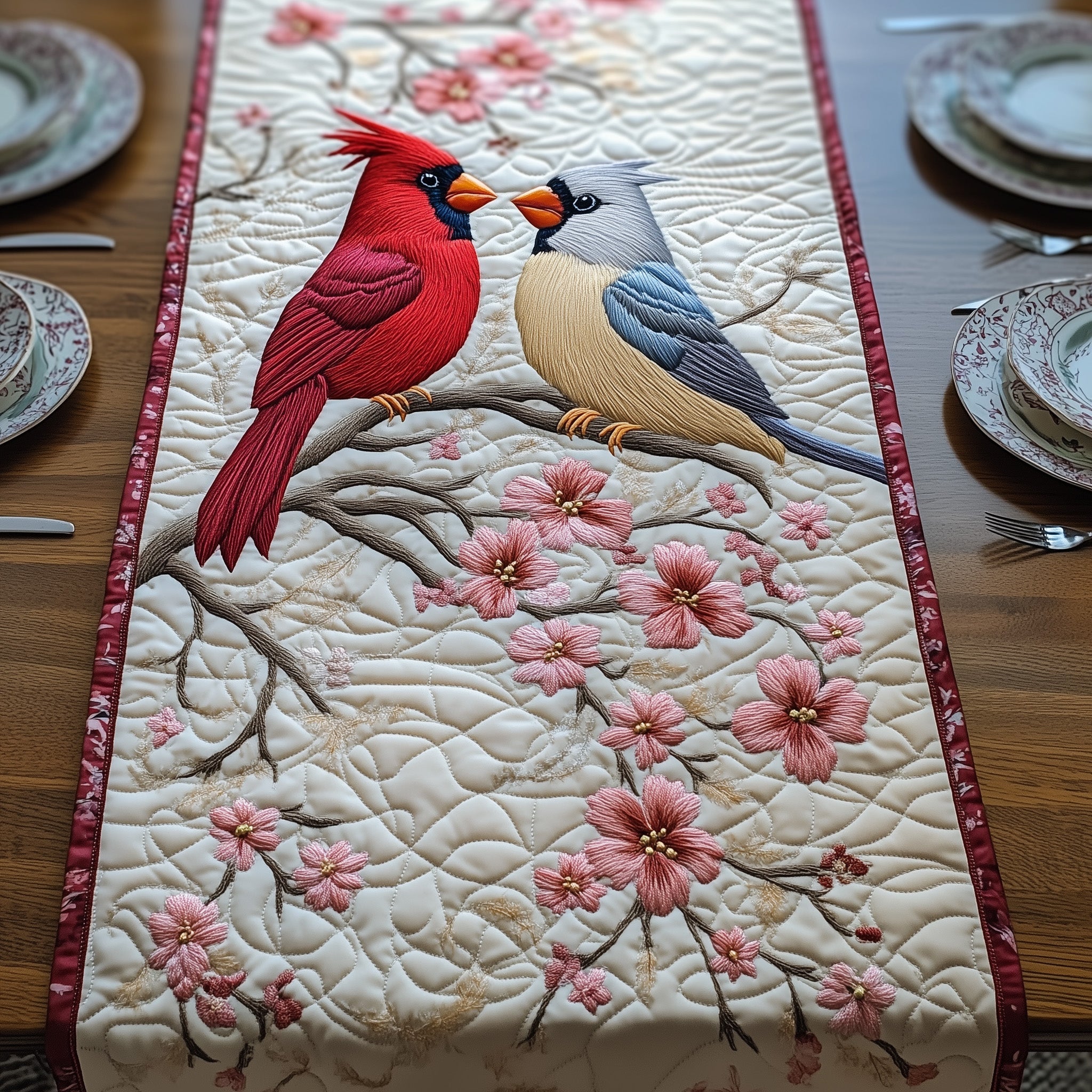 Blossoms And Cardinals Quilted Table Runner Seasonal Table Runner for Holidays