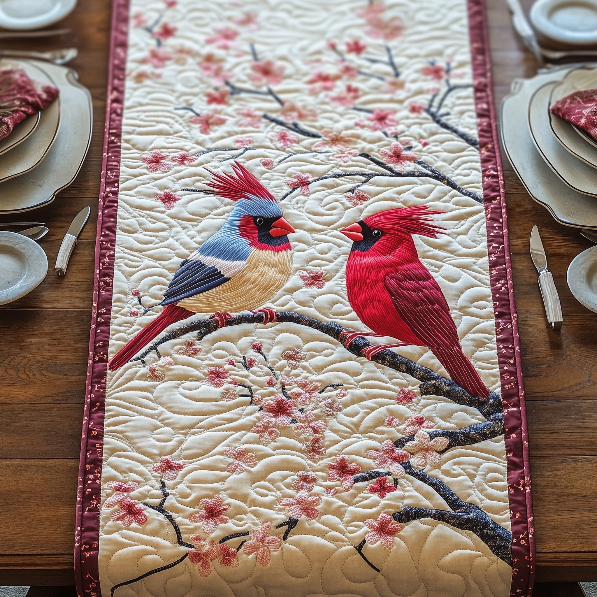 Blossoms And Cardinals Quilted Table Runner Special Occasion Table Runner Gift