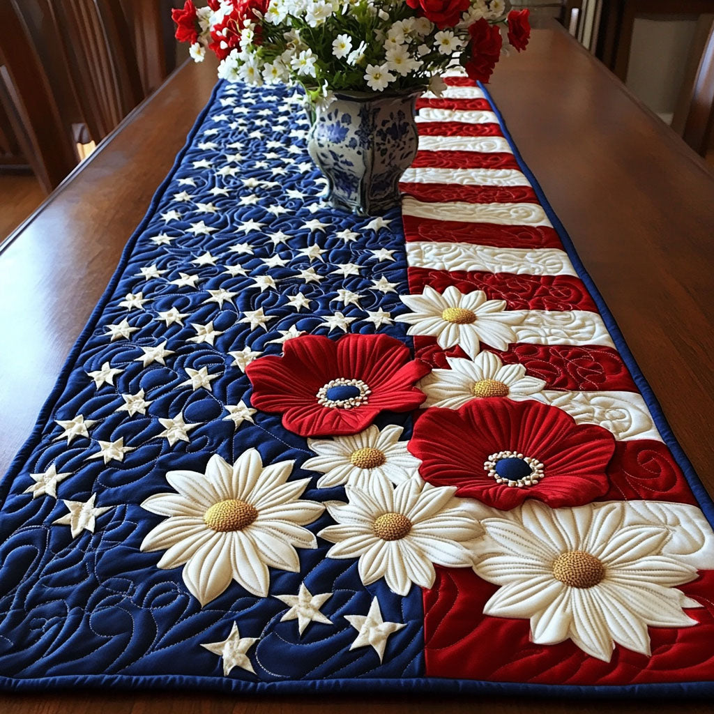Blossoms of Freedom Quilted Table Runner Dining Room Decor Ideas Patriotic Gifts For Women