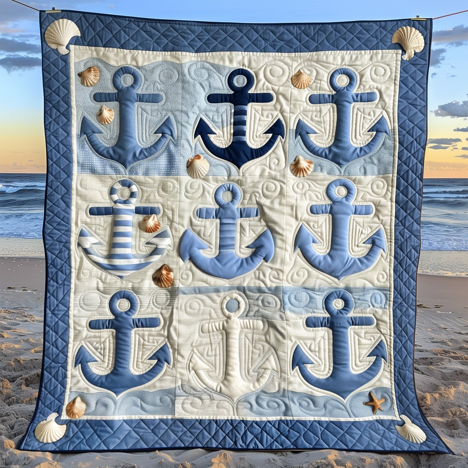 Blue Anchors Quilted Blanket For Christmas Gifts
