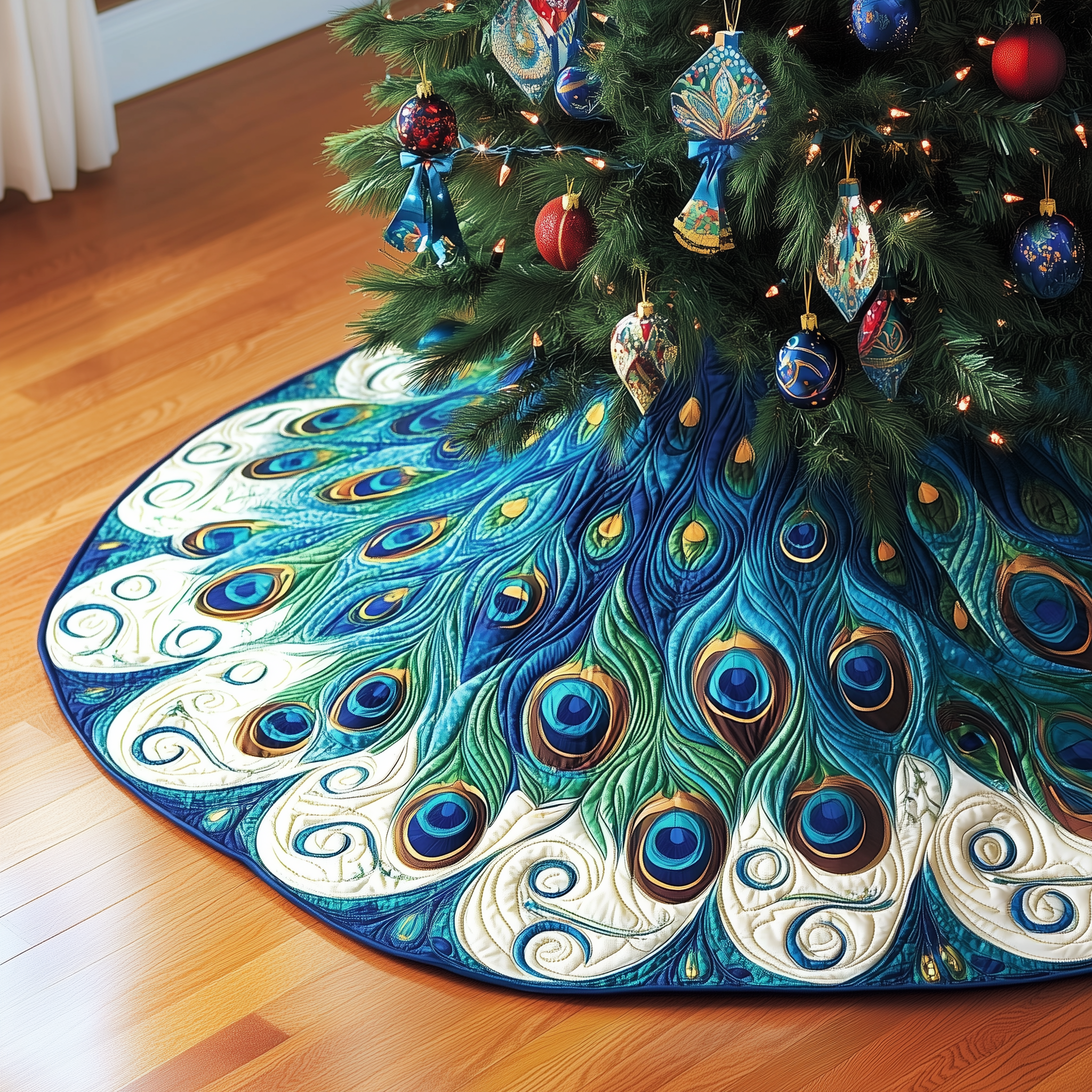 Blue and Gold Peacock Christmas Tree Skirt Quilted Handmade Holiday Gift for Luxurious Holiday Style