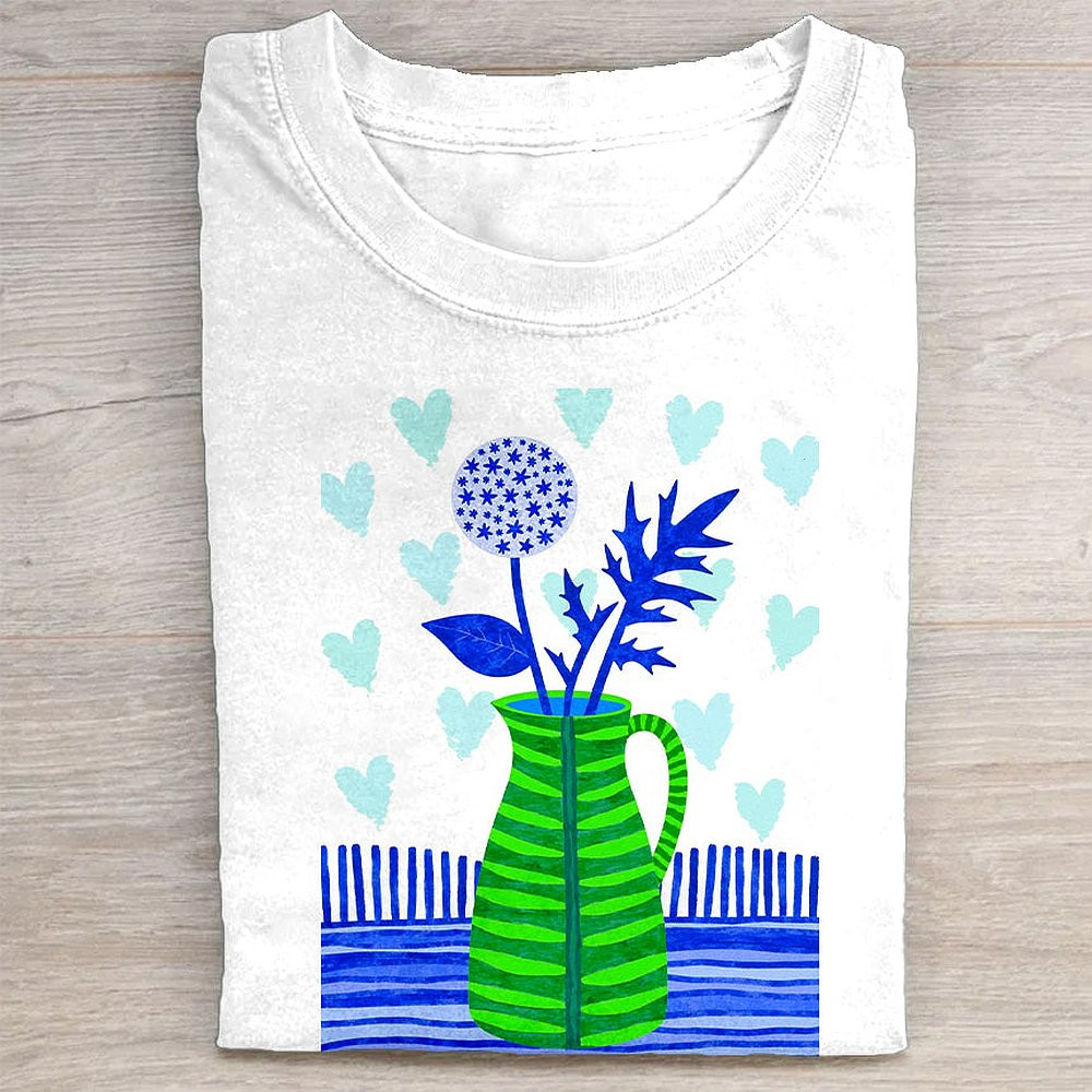 Blue And Green Floral Print T-Shirt Summer Outfit For Women Teen Girls