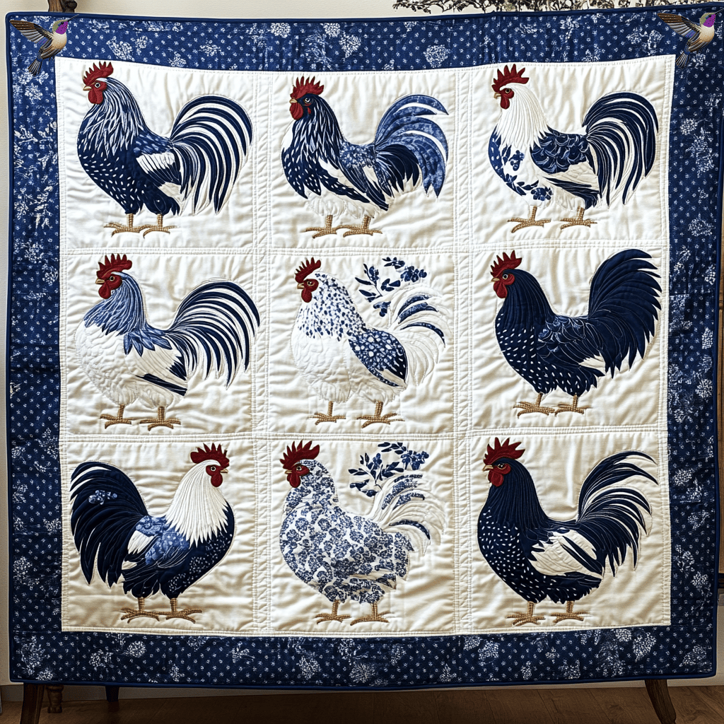 Blue And White Roosters Holiday Christmas Quilt Blanket Christmas Gifts For Grandmother