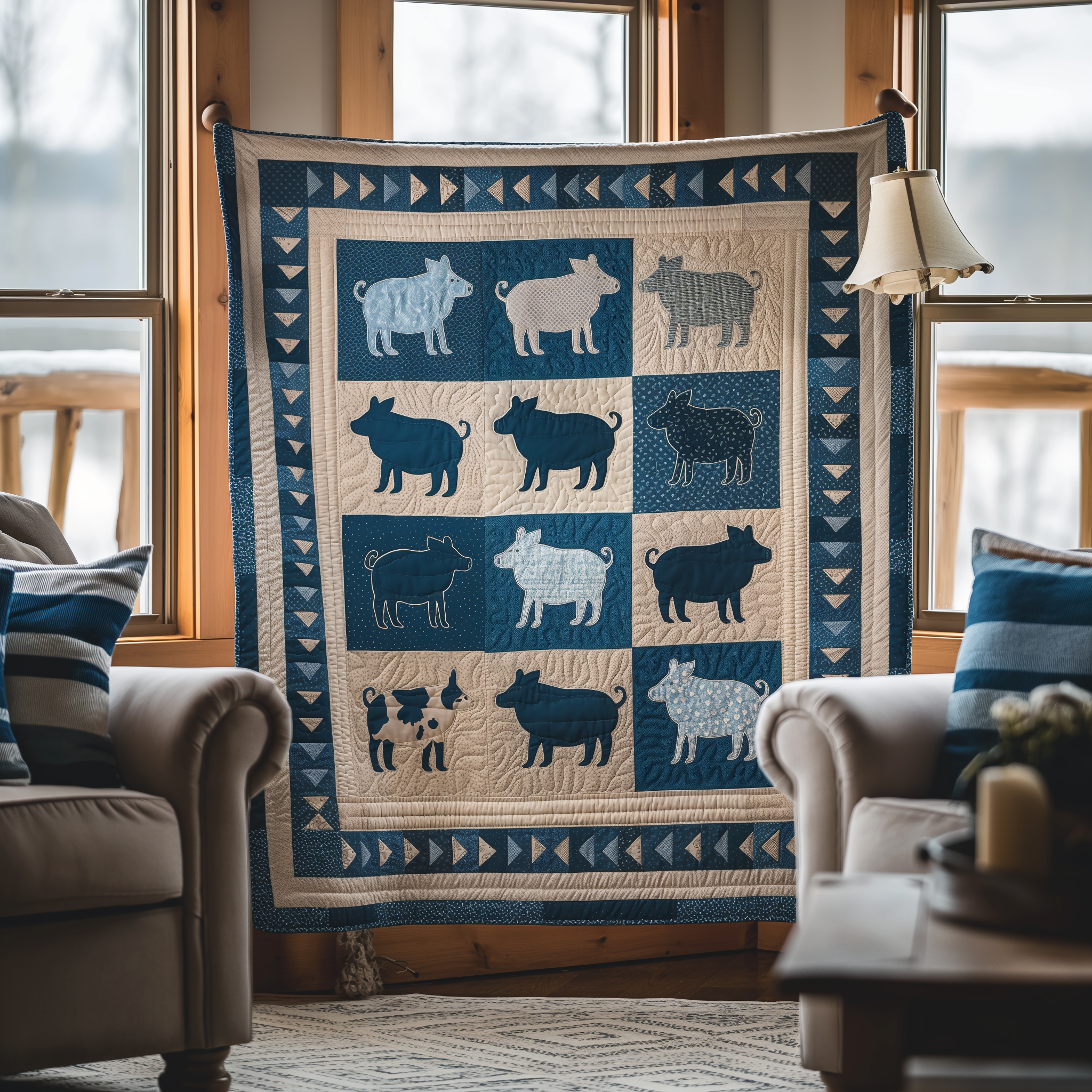 Blue Barnyard Pig Quilted Blanket Cute Christmas Blankets