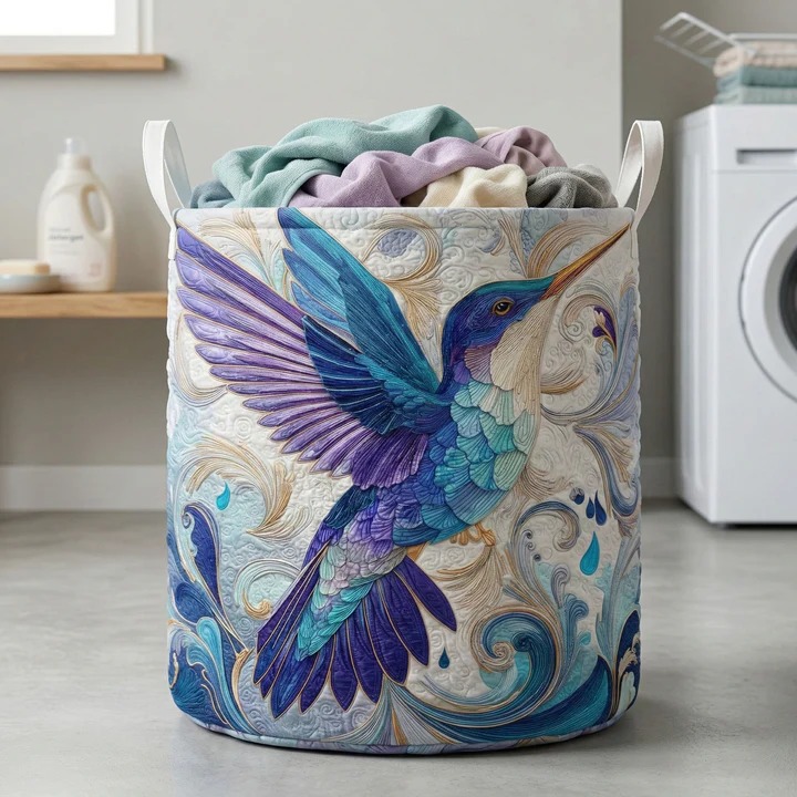 Blue Baroque Hummingbird Quilted Laundry Basket Elegant Boho Home Decor Best Gift For Bird Lovers