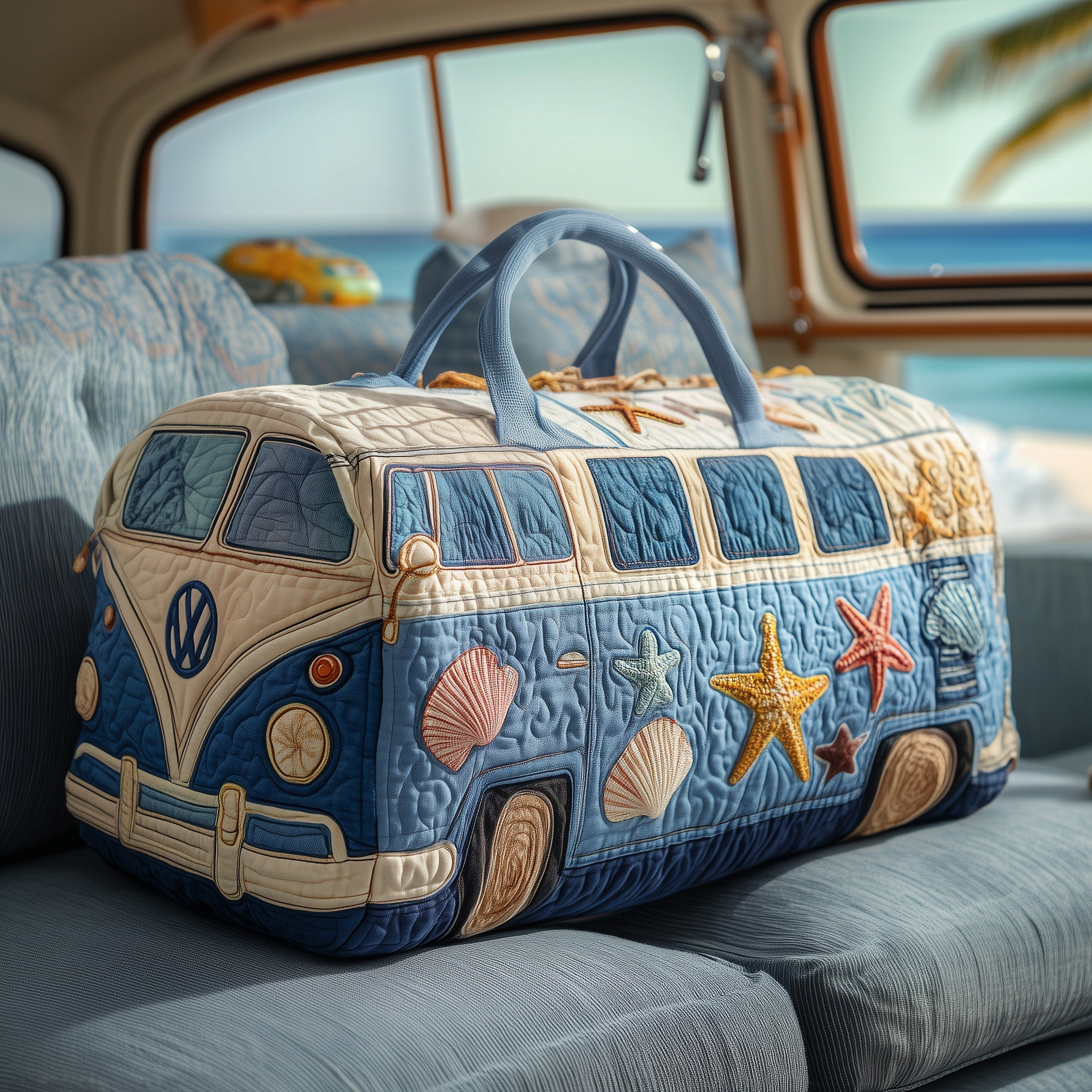 Blue Beach Hippie Van Quilted Duffle Bag Seashell Starfish Ocean Lover Travel Gift