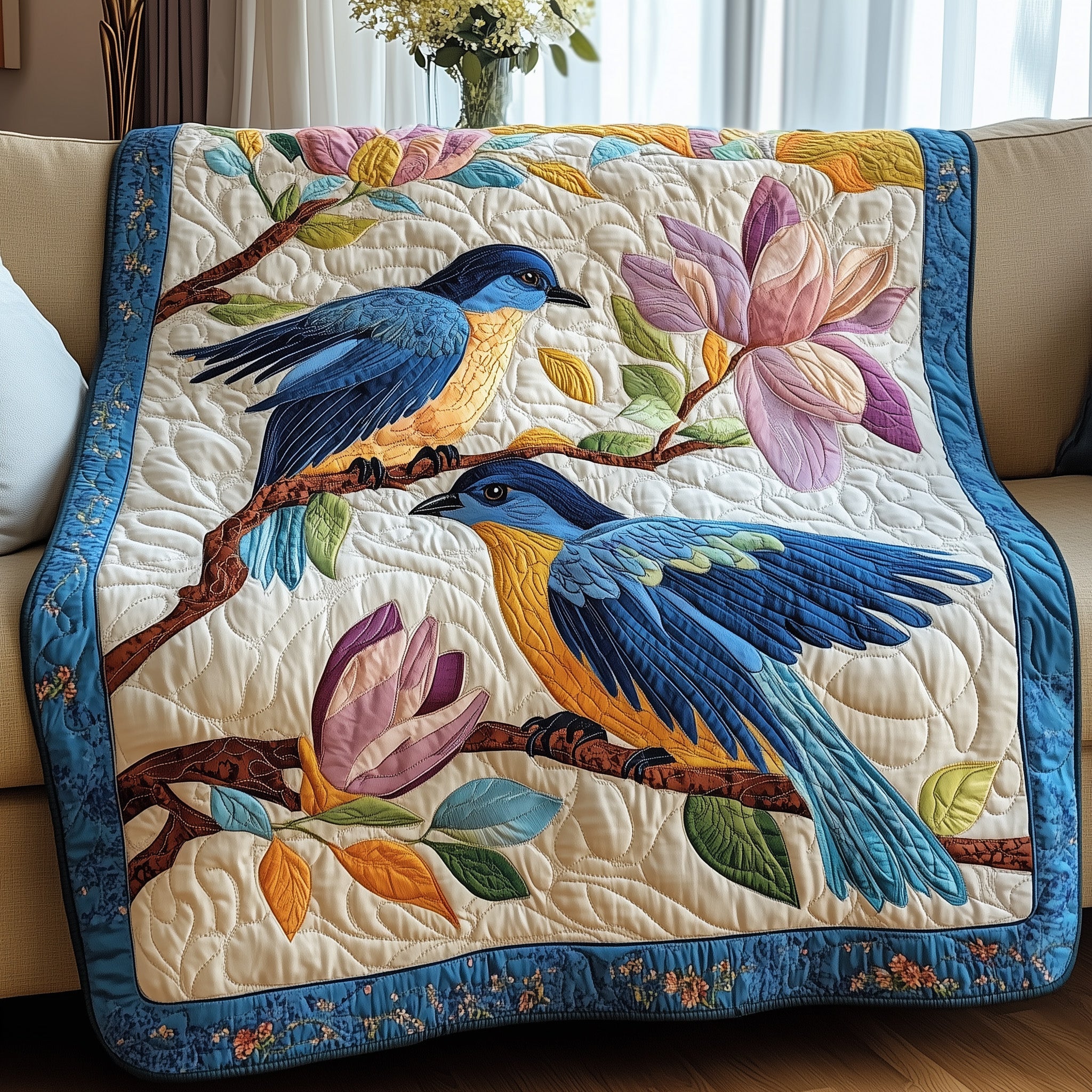Blue Bird Quilted Blanket Sofa Throw BlanketGifts For A Birdwatcher