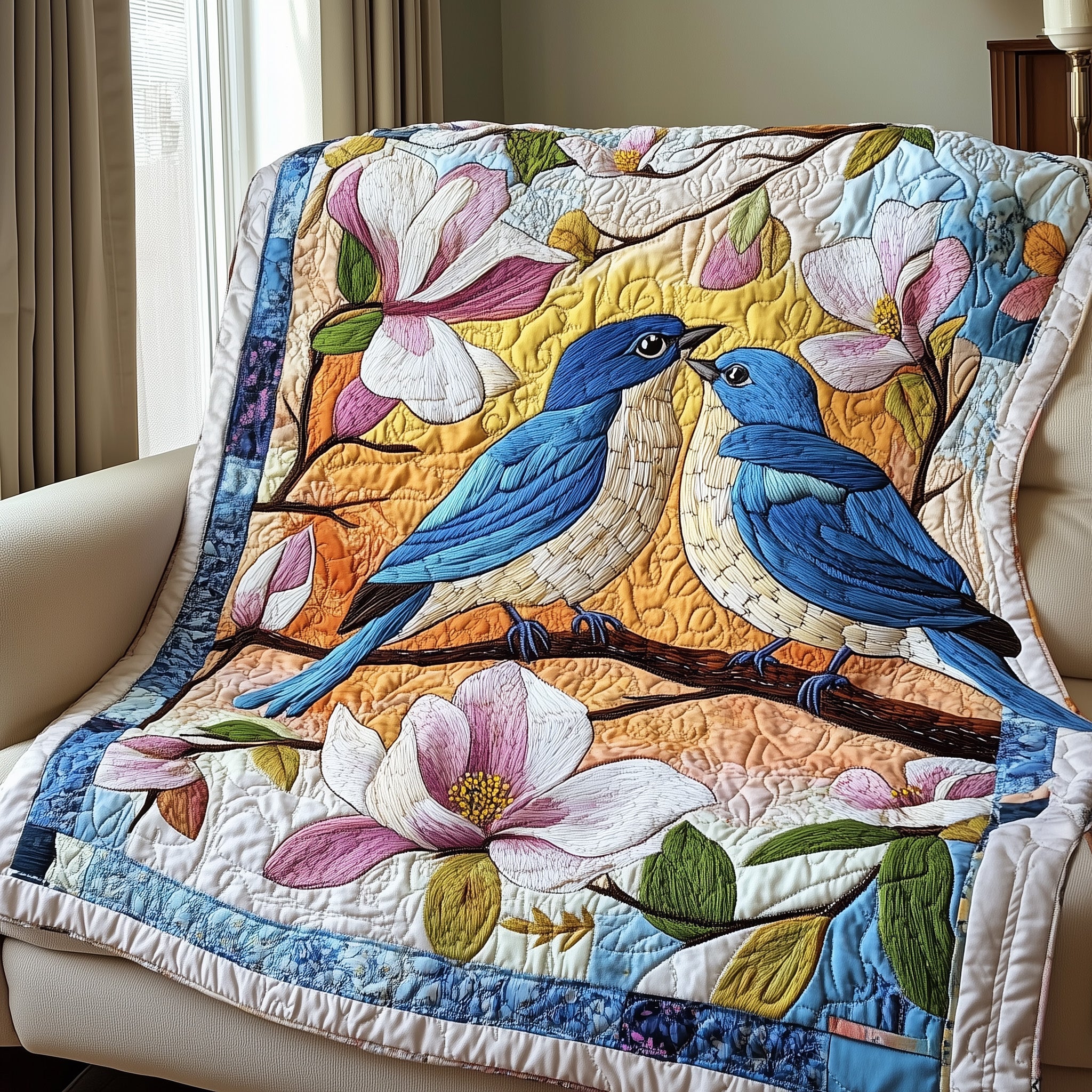 Blue Bird Quilted Blanket Sofa Throw BlanketGifts For Bird Enthusiasts