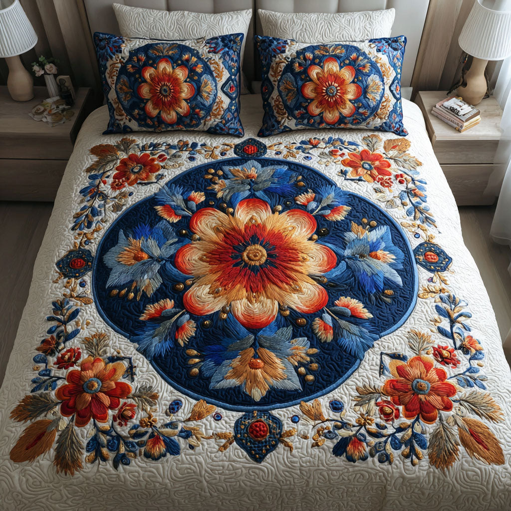 Blue Bloom Quilted Bedding Set Best Bedspread Set Presents For Flower Lovers