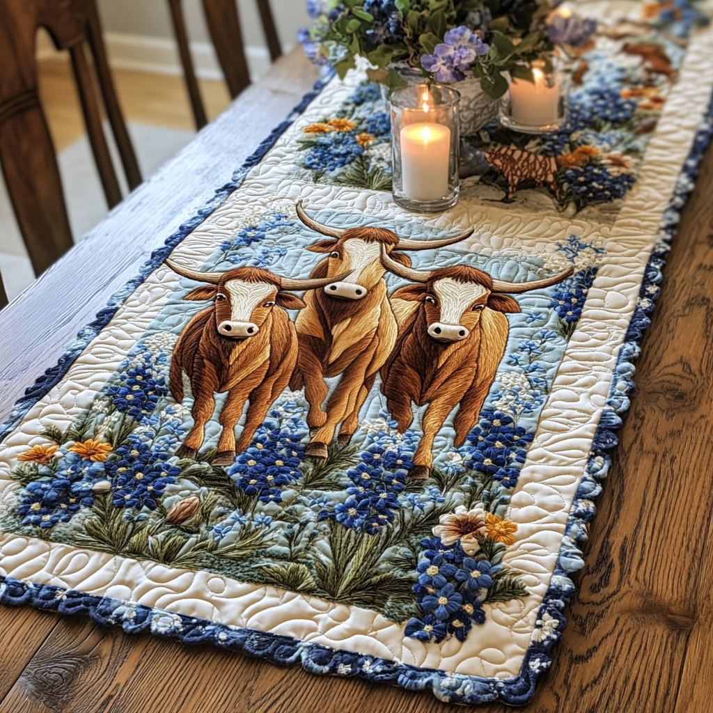 Blue Bloom Quilted Table Runner Dining Room Decor Texas Gifts To Ship