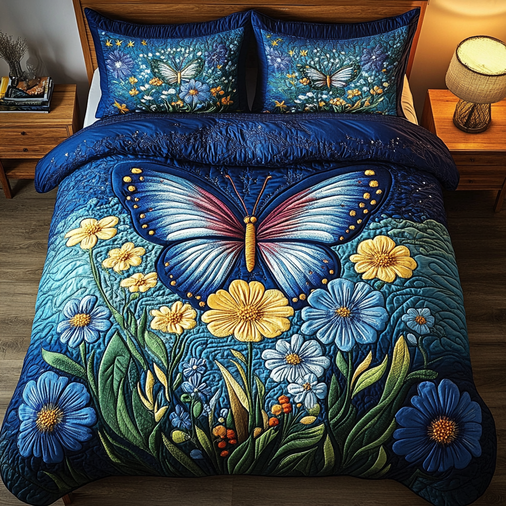 Blue Blossom Flight Quilted Bedding Set King Size Duvet Cover Father's Day Presents From Daughter