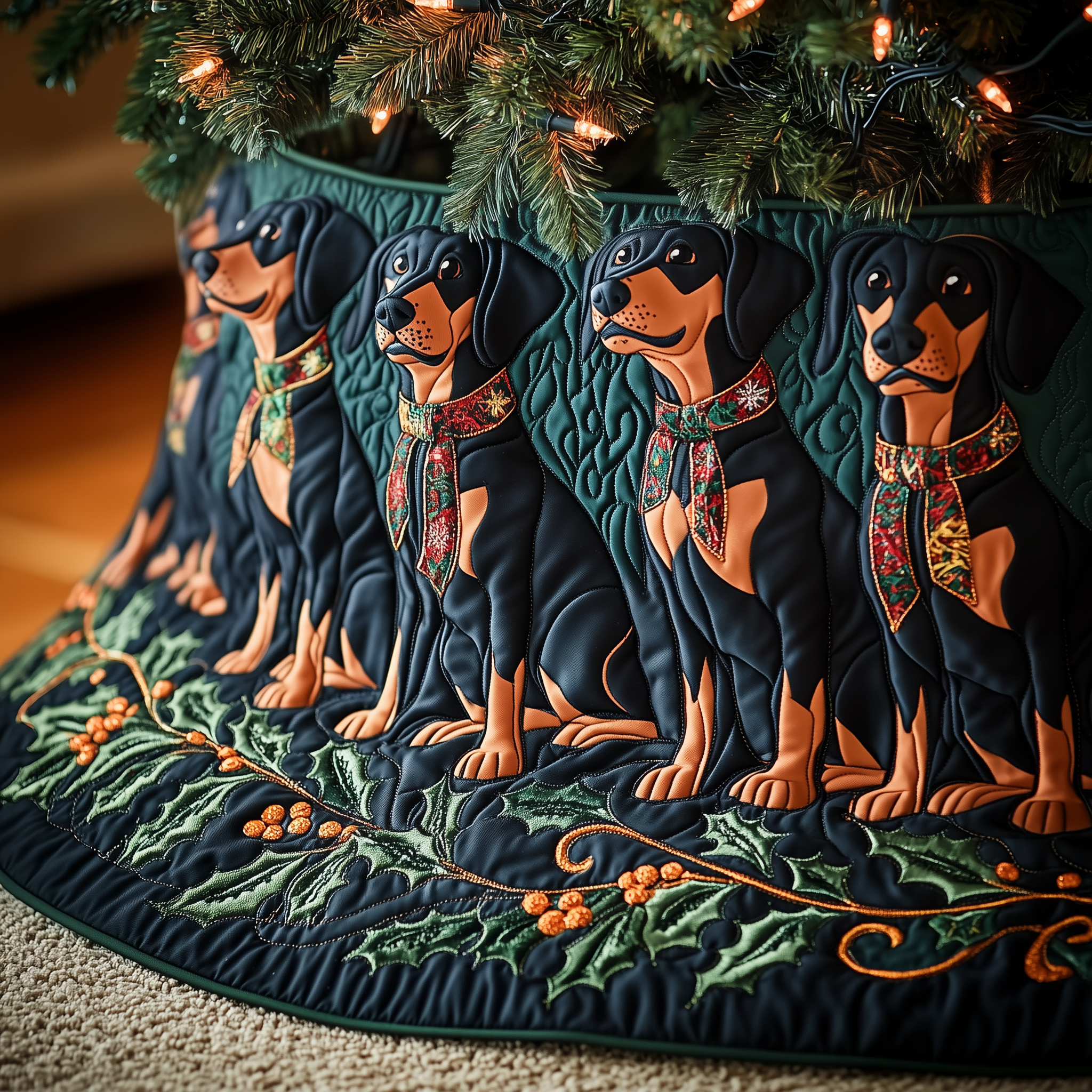 Blue Bow Doberman Christmas Tree Skirt Quilted Dog Design Holiday Gift for Festive Home