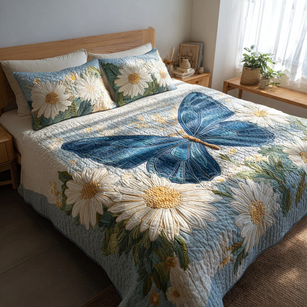 Blue Butterfly Daisy 3-Piece Quilted Bedding Set Nature Floral Bedspread Best Gift For Her Mom