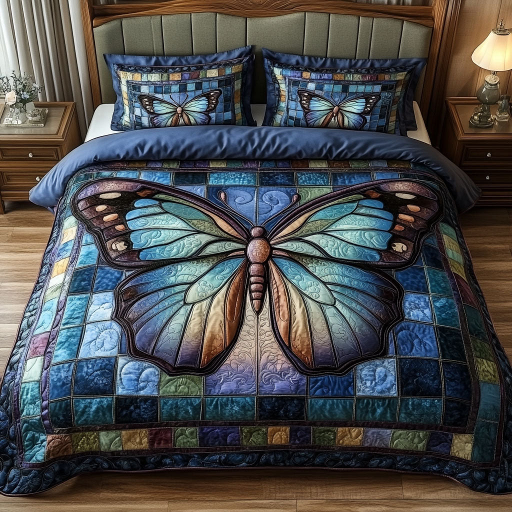 Blue Butterfly Dreams Quilted Bedding Set Floral Duvet Cover Birthday Presents For Mum