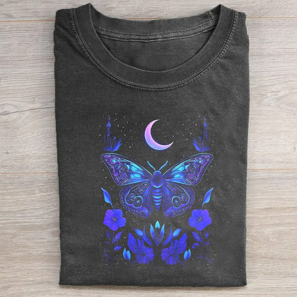 Blue Butterfly Moon Floral Graphic T-Shirt Aesthetic Moon Lover Gift For Her