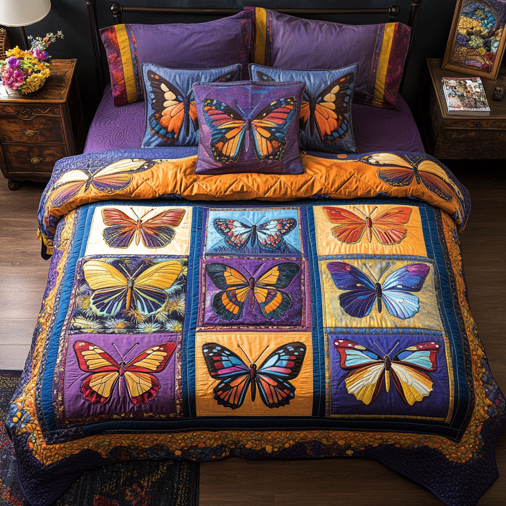 Blue Butterfly Quilted Bedding Set Cute Room Decor Butterfly Mothers Day Gifts