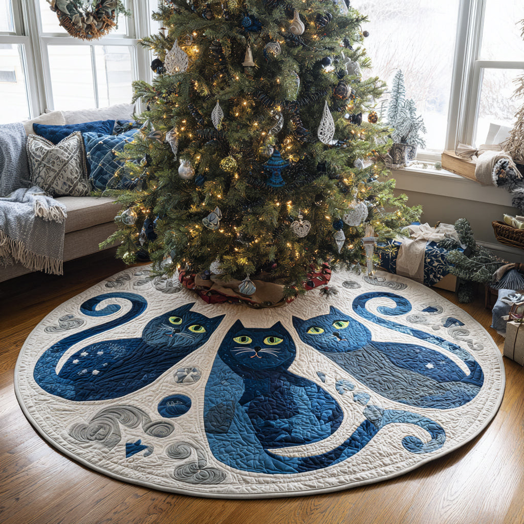 Blue Cat Christmas Quilted Tree Skirt Animal Themed Christmas Decor Cat Owner Xmas Gifts