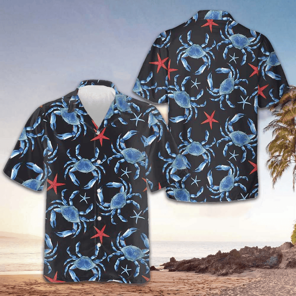 Blue Crab And Starfish Pattern Hawaiian Shirt Crab Lovers Summer Button Up Shirts Mens