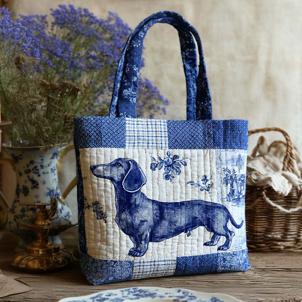 Blue Dachshund Smile Quilted Tote Bag Cute Themed Dog Gift Ideas