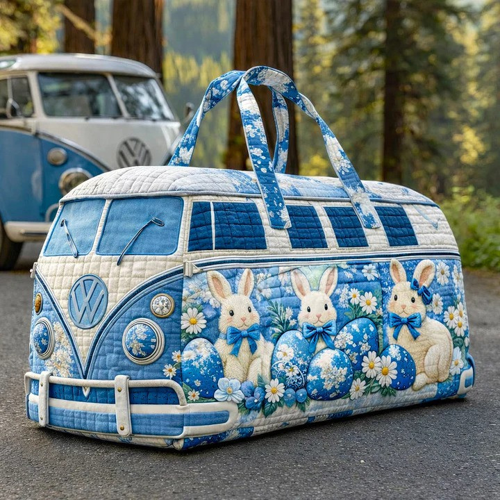 Blue Daisy Easter Bunny VW Bus Quilted Duffle Bag Spring Travel Bag Best Gift For Easter Lovers