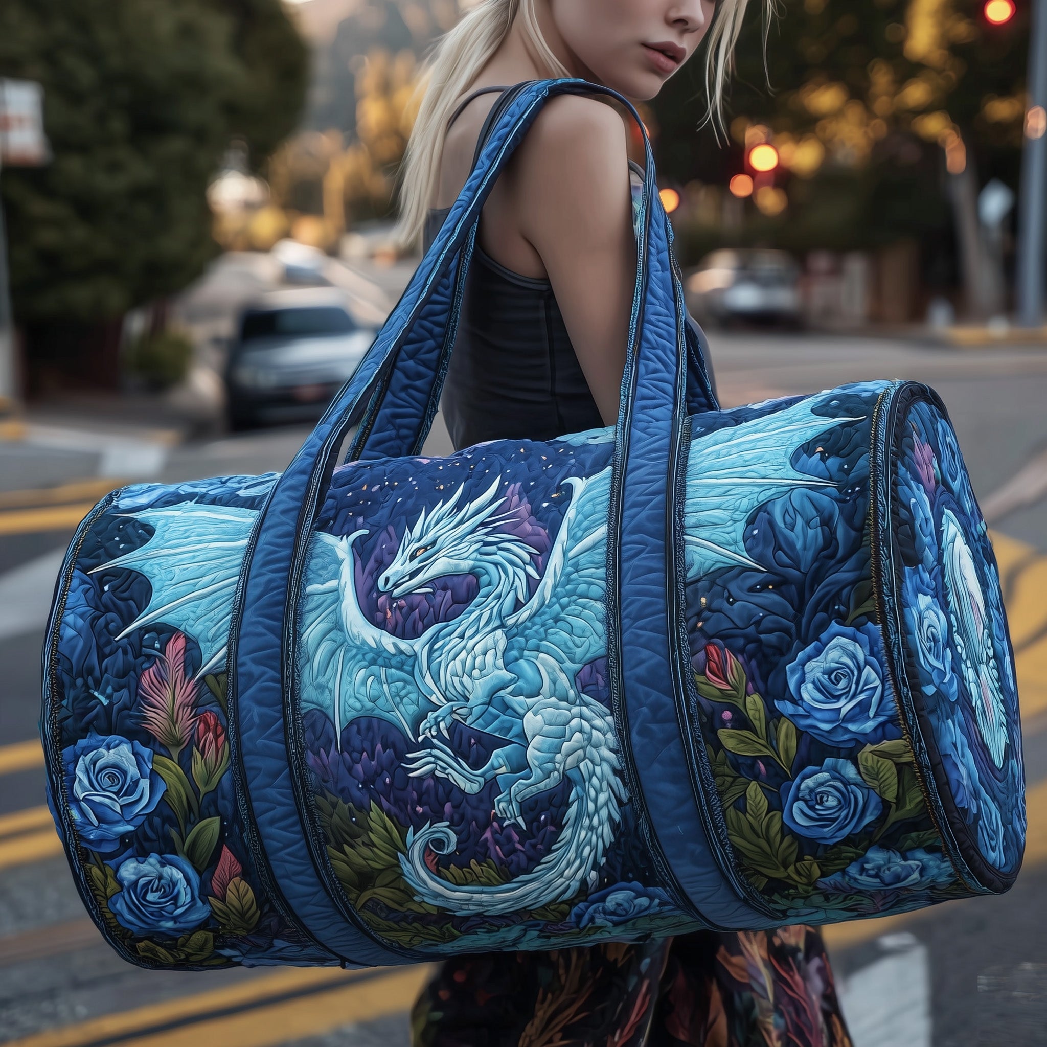 Blue Dragon Quilted Duffle Bag For Daily Commute