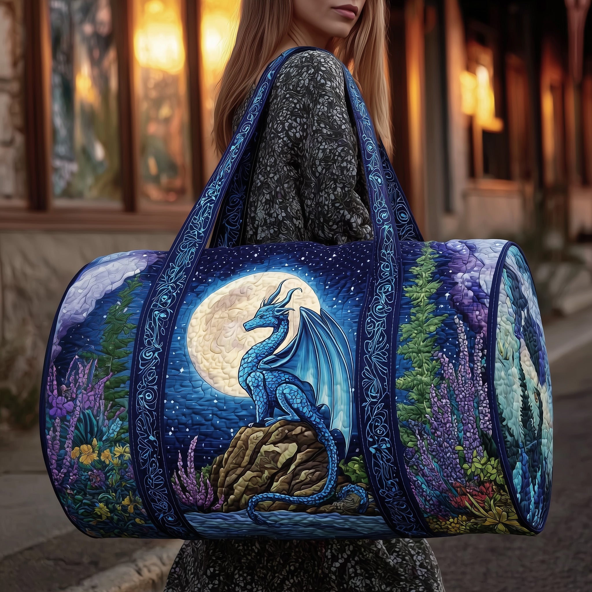 Blue Dragon Quilted Duffle Bag For Office And Campus