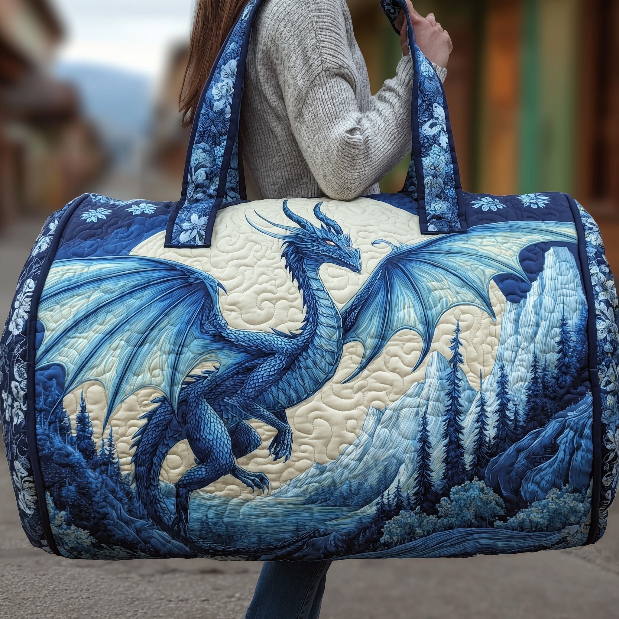 Blue Dragon Quilted Duffle Bag For Outdoor Activities