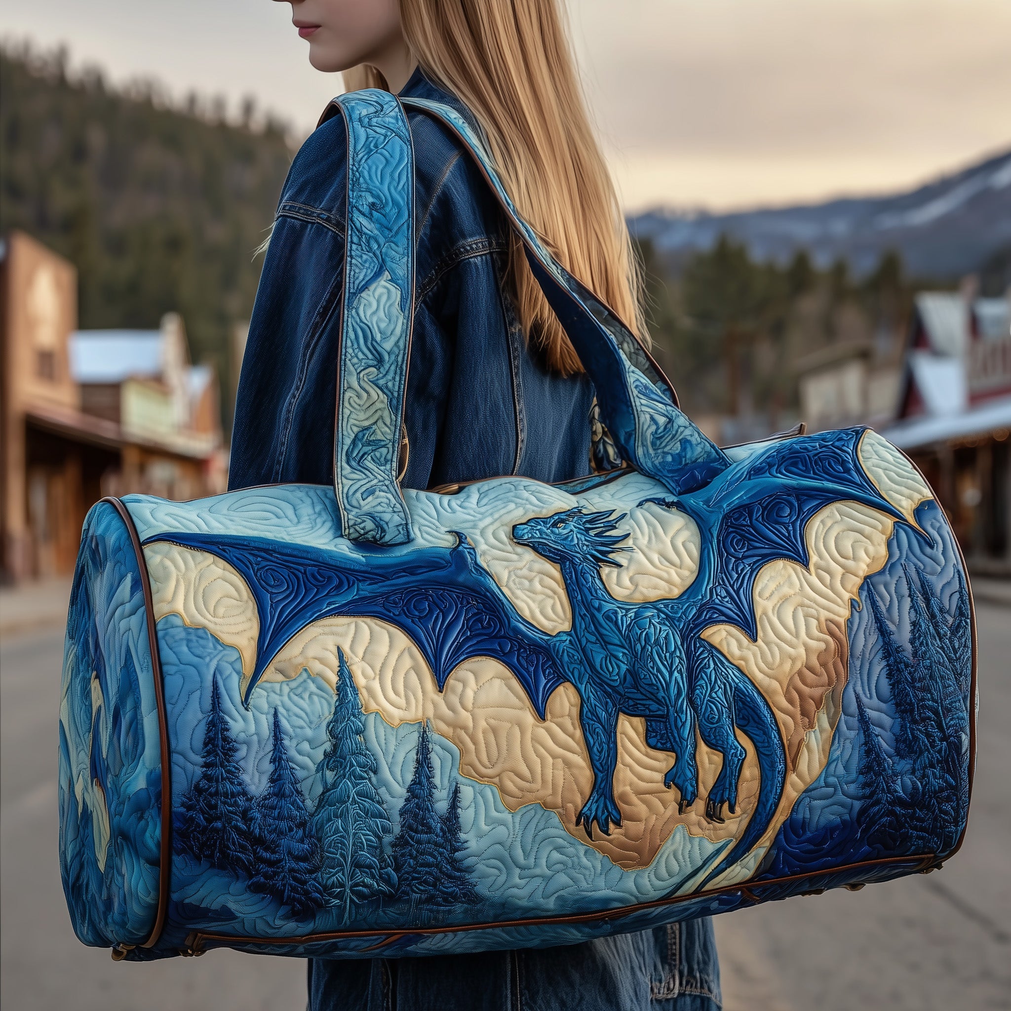 Blue Dragon Quilted Duffle Bag For School And Gym