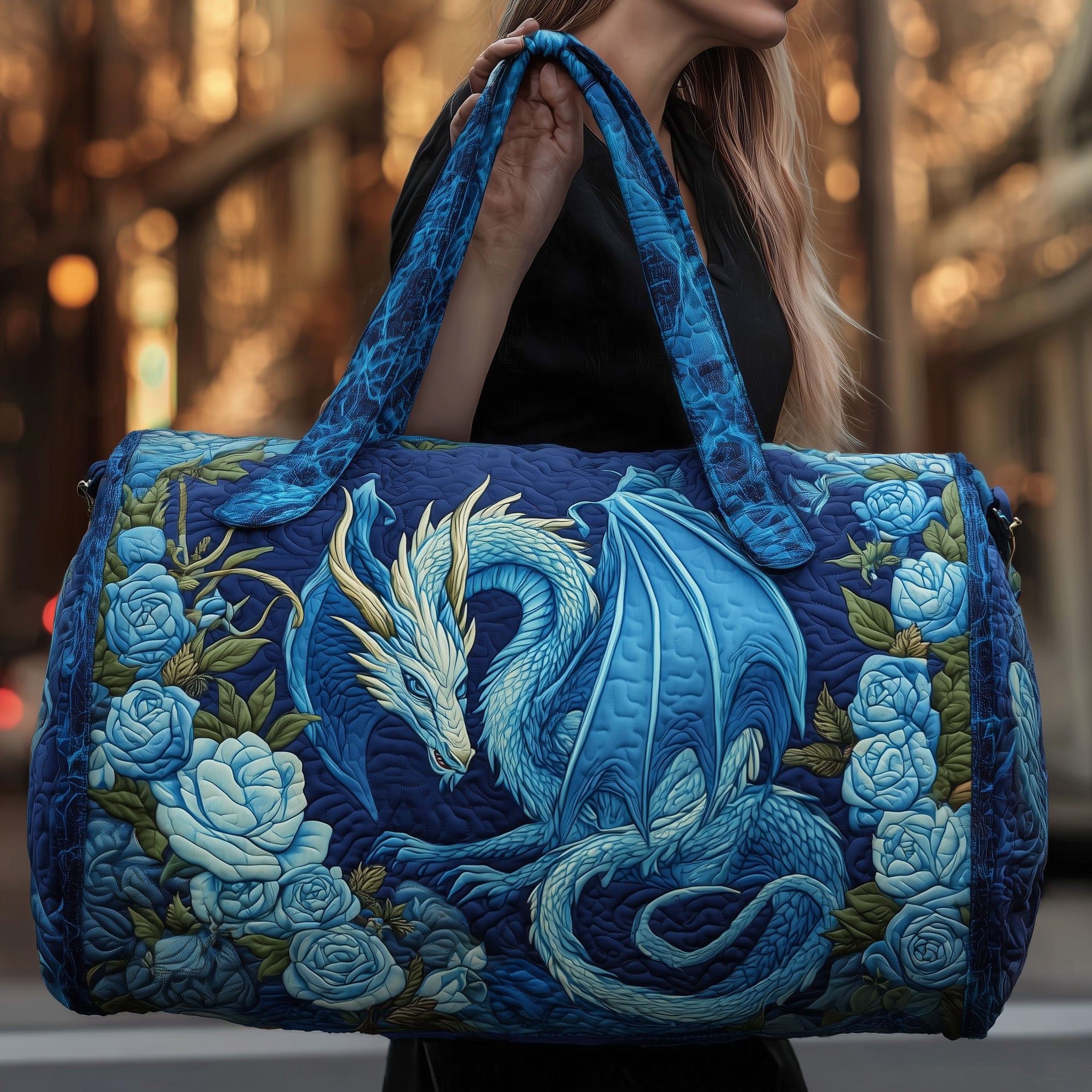 Blue Dragon Quilted Duffle Bag Organized Storage Pockets