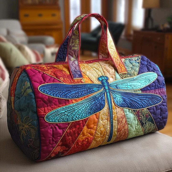 Blue Dragonfly Boho Patchwork Quilted Duffle Bag Nature Travel Bag Best Gift For Dragonfly Lovers