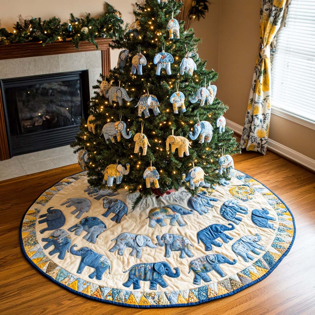 Blue Elephants Christmas Quilted Tree Skirt Festive Christmas Tree Skirt for Holiday Decor