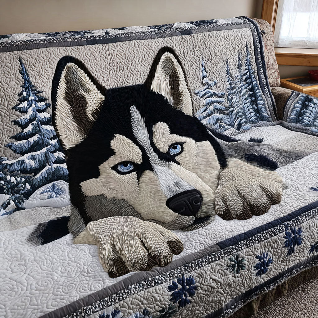 Blue-Eyed Guardian Quilted Sofa Cover Winter Living Room Decor Great Dog Christmas Gifts
