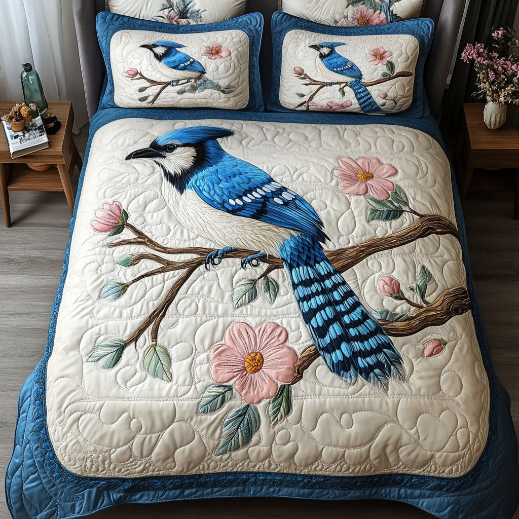 Blue Feather Delight Quilted Bedding Set Bed Decor Gifts For Bird Enthusiasts