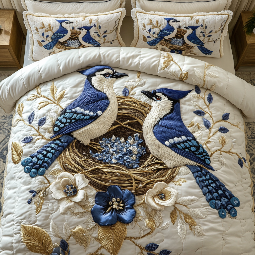 Blue Feather Quilted Bedding Set Best Bedspread Set Best Gifts For Bird Lovers