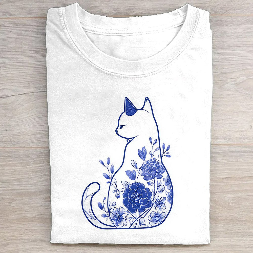 Blue Floral Cat Design Womens Casual T-Shirt Cat Lover Birthday Gift For Women