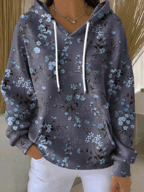 Blue Floral Coarse Needle Drawstring Hoodie Trendy Cozy Fashion Outfit Gifts For Her