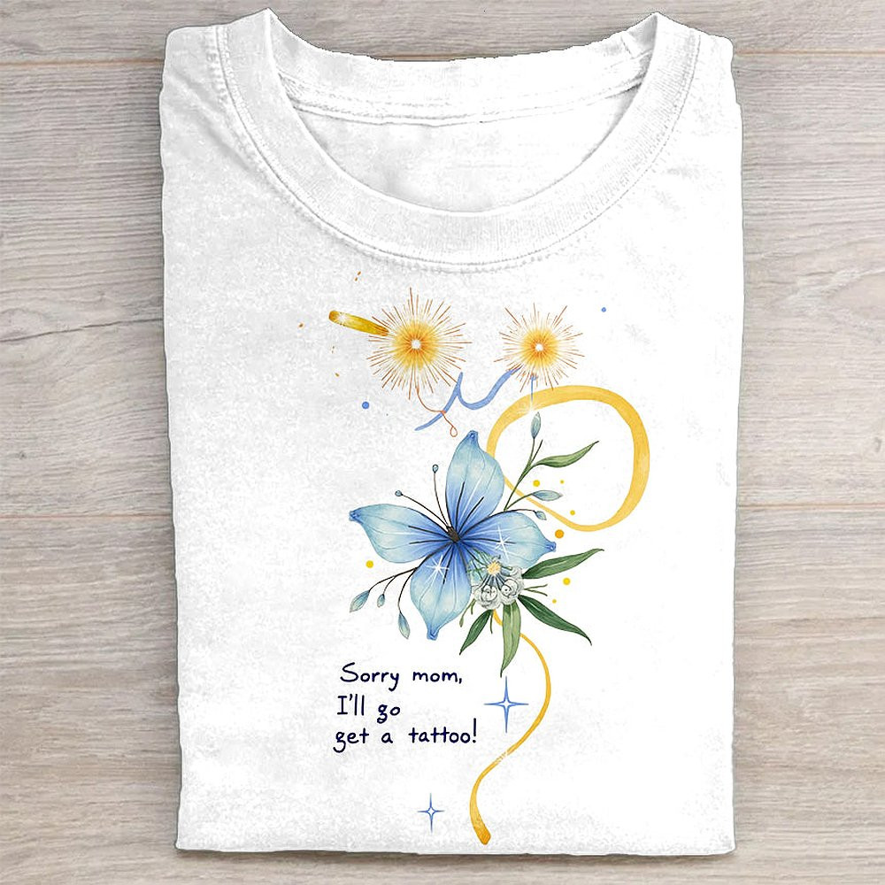 Blue Floral Design White T-Shirt Elegant Outfit Gift For Wife Girlfriend