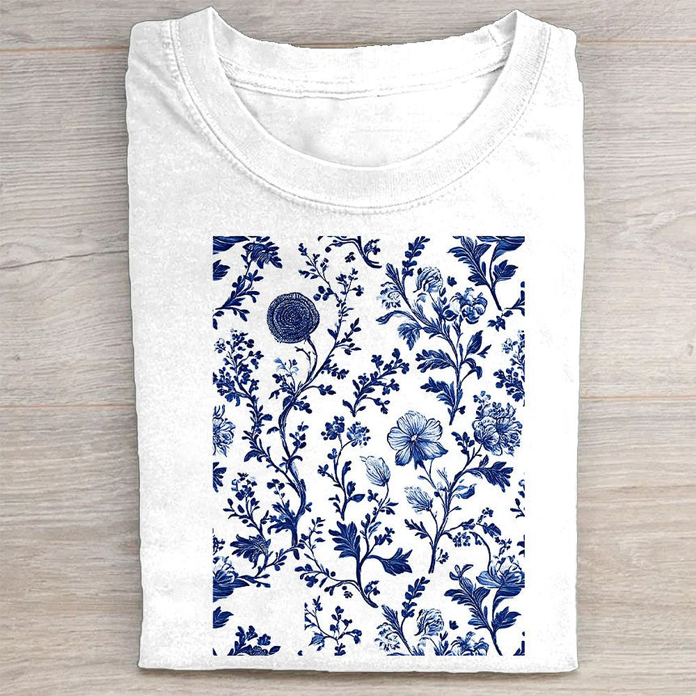 Blue Floral Pattern Short Sleeve T-Shirt Cute Summer Gift For Women Teens