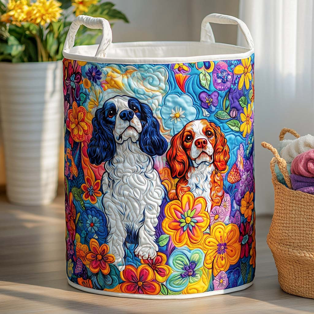 Blue Floral Pup Quilted Laundry Basket Luxury Quilted Storage Basket Gift for Home Decor Lovers