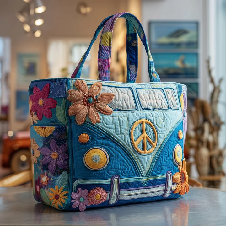 Blue Flower Hippie Bus Quilted Tote Bag Peace Sign Bag Retro Best Gift For Her