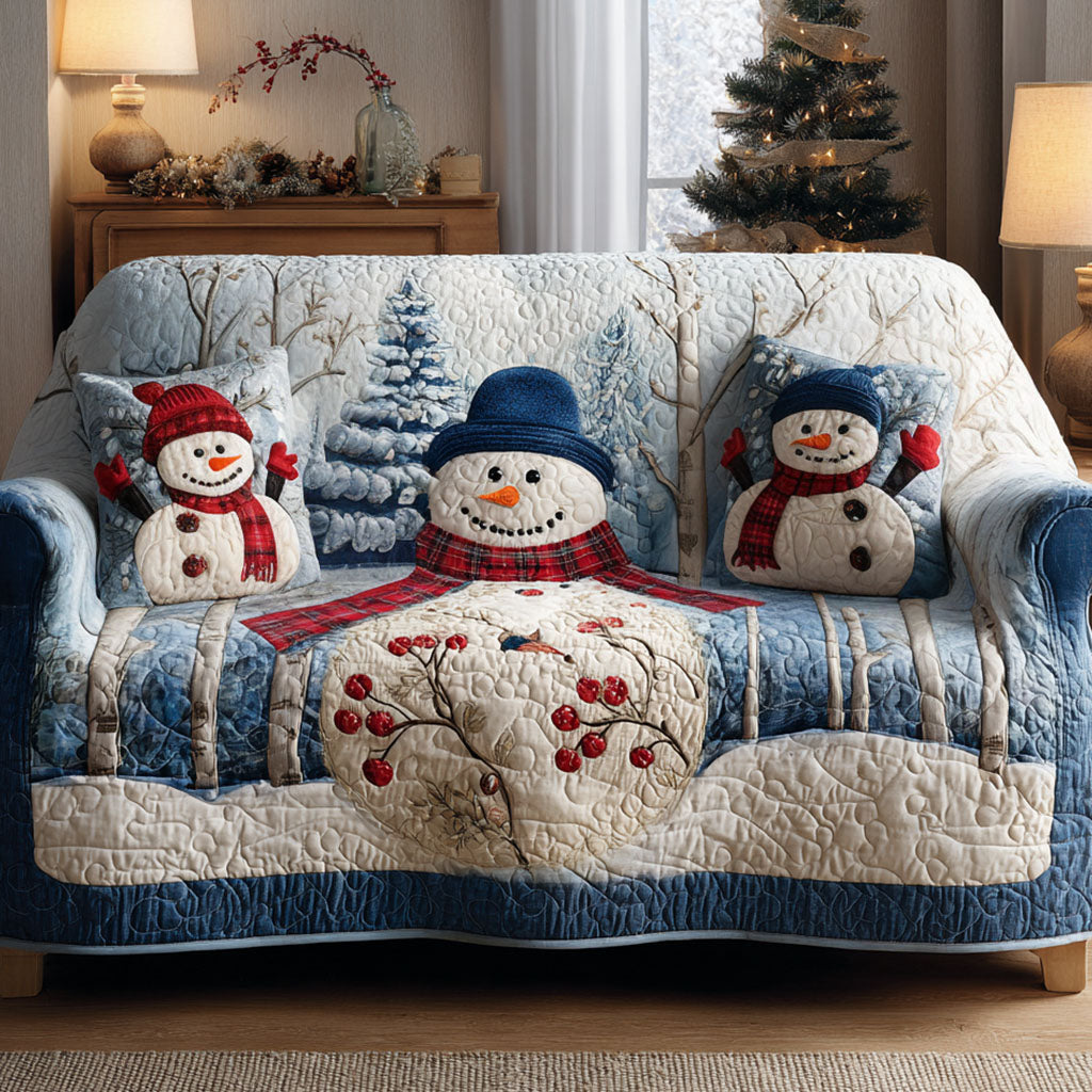 Blue Frost Family Quilted Sofa Cover Living Room Winter Decor Snowman Christmas Presents