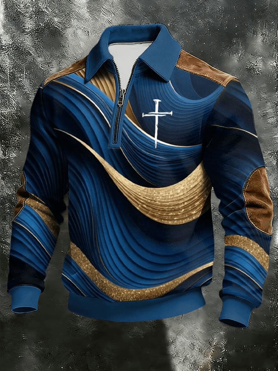Blue Gold Wave Cross Quarter Zip Sweatshirt Cross Faith Pullover Gift For Him