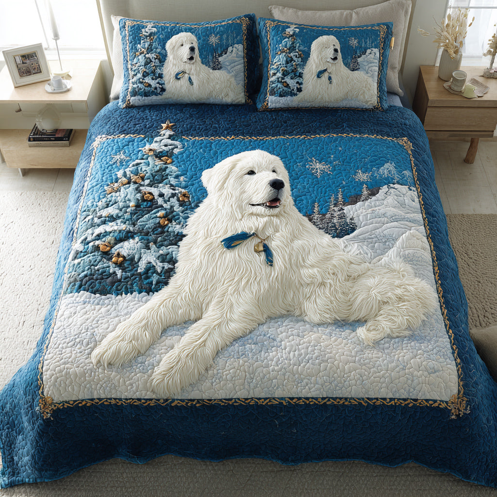 Blue Great Pyrenees Quilted Bedding Set Cozy Bedroom Decor Christmas Gifts For Dog Lovers
