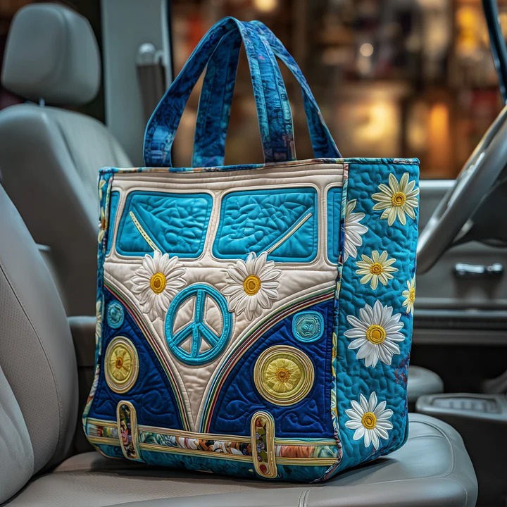 Blue Hippie Van Quilted Tote Bag Daisy Peace Sign Bag Best Gift For Hippie Lovers