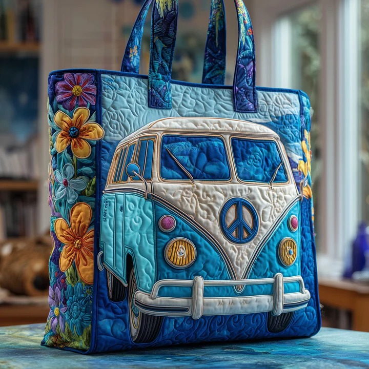 Blue Hippie Van Quilted Tote Bag Ocean Floral Peace Bag Best Gift For Hippie Women